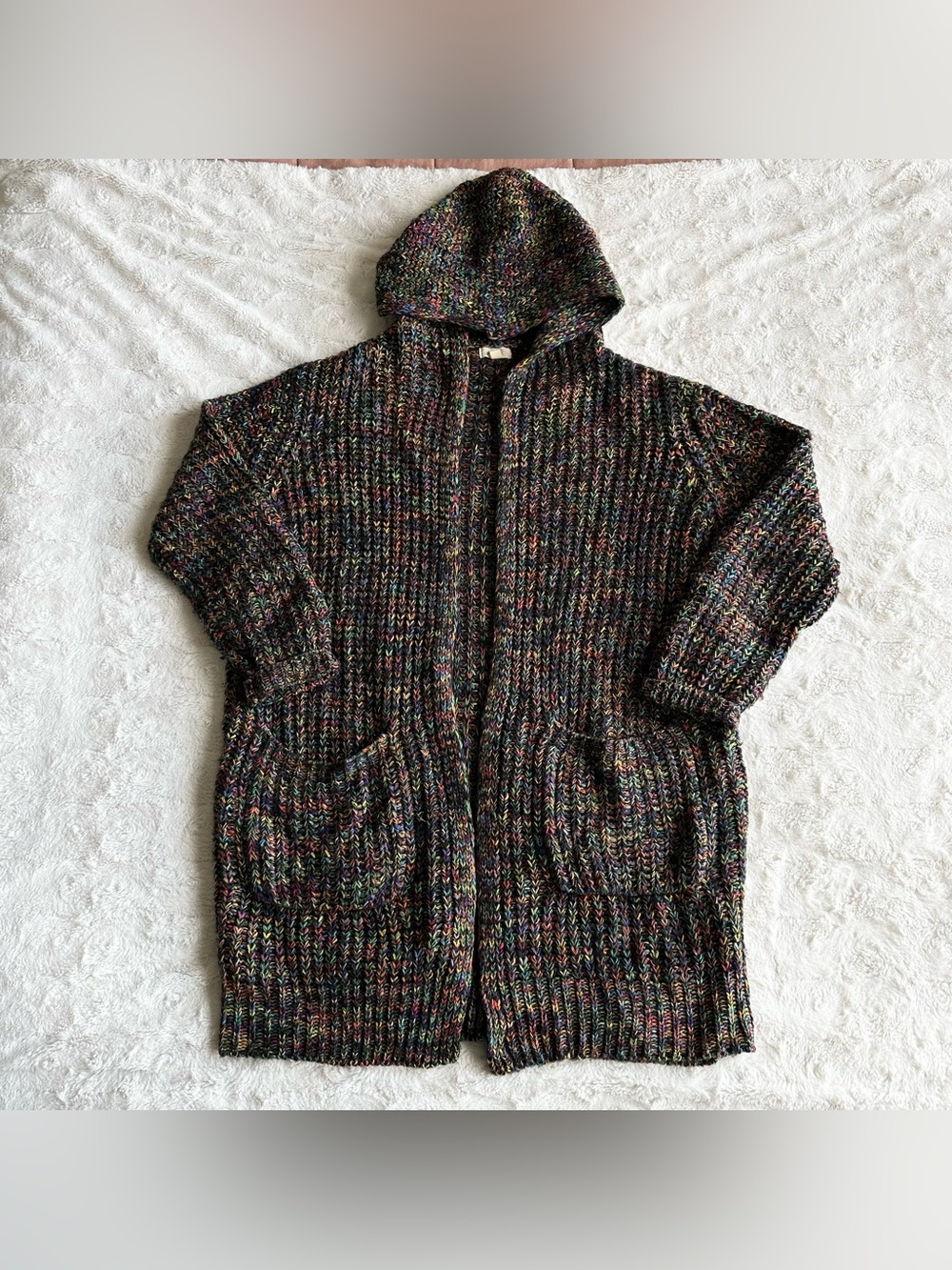 Debut Cardigan Sweater Womens S/M Black Rainbow Hooded Open Front Knit Pockets